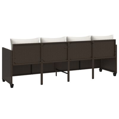 Back view of brown outdoor wicker modular sectional with beige cushions, showing supports.