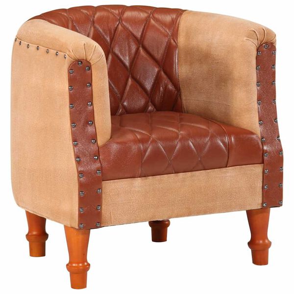 vidaXL Tub Chair Brown Genuine goat leather and canvas with solid mango wood