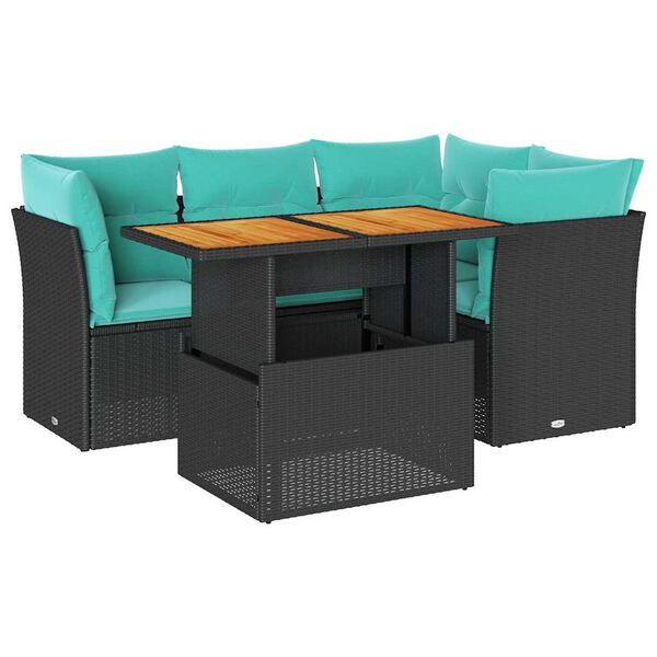 vidaXL 5 Piece Patio Sofa Set with Cushions Black Poly Rattan