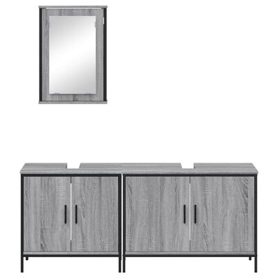 Single wall cabinet with mirror to its left and a double-sink vanity with two-door cabinets.