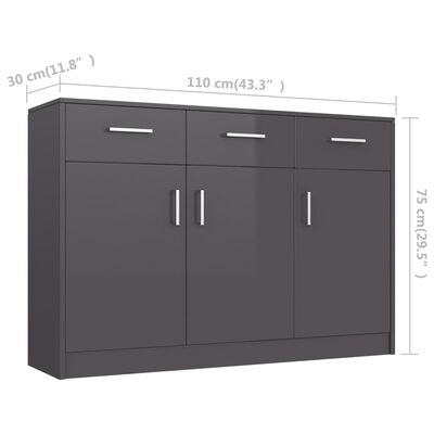 vidaXL Sideboard High Gloss Gray 43.3"x11.8"x29.5" Engineered Wood