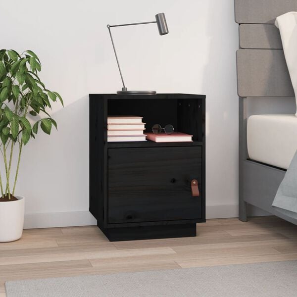 vidaXL Bedside Cabinet Black Solid pine wood, faux leather