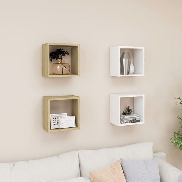 vidaXL Cube Shelf Set of 4 White and sonoma oak Engineered wood