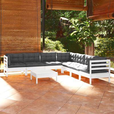 vidaXL 8 Piece Patio Lounge Set with Cushions White Solid Pinewood