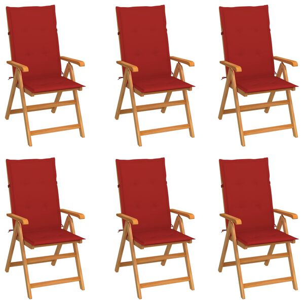 vidaXL Patio Chair Set of 6 Teak and Red Solid Teak Wood and Fabric