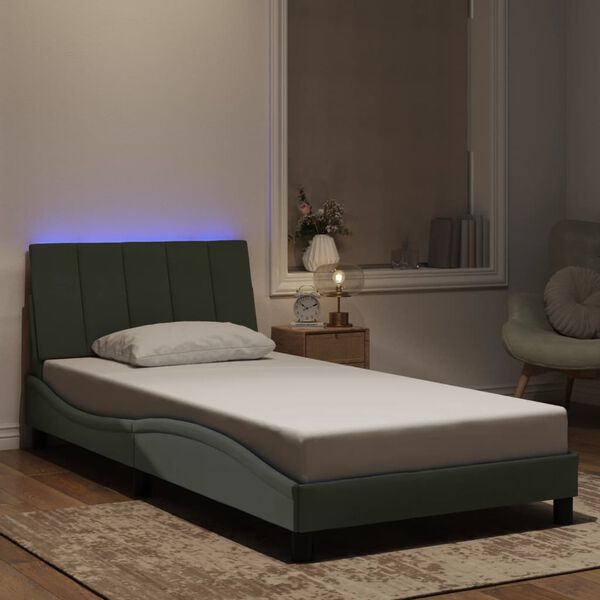 vidaXL Bed Frame with LED without Mattress "Hanko" Light Gray 39.4"x74.8" Velvet