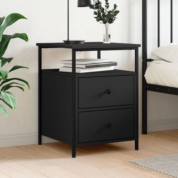 vidaXL Bedside Cabinet Black Engineered Wood, Iron Standard