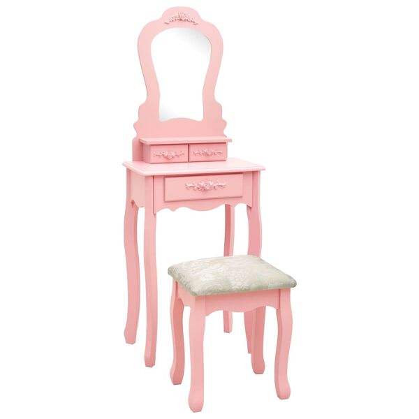 vidaXL Dressing Table Set with Stool Pink 19.7x23.2x53.5" Paulownia Wood