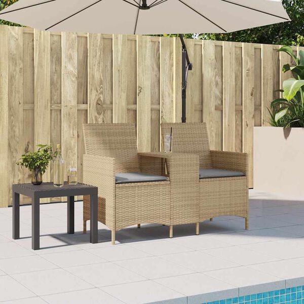 vidaXL Patio Sofa 2-Seater with Table and Cushions Beige Poly Rattan