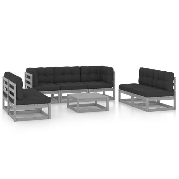 vidaXL Garden Lounge Set Grey Solid pine wood, fabric (100% polyester)