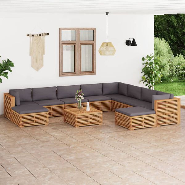 vidaXL 11 Piece Patio Lounge Set with Dark Gray Cushion Solid Teak Wood