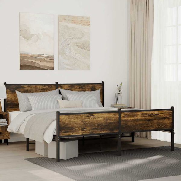 vidaXL Bed Frame Smoked Oak Steel, Engineered Wood 63x79 in Bed Frame