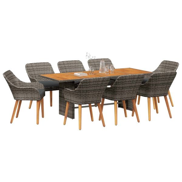 vidaXL Garden Dining Set with Cushion 9 pcs Grey Poly Rattan