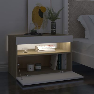 vidaXL Bedside Cabinet & LED Lights 2 pcs White and Sonoma Oak 23.6"x13.8"x15.7"
