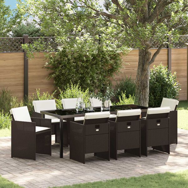 vidaXL Garden Dining Set with Cushion 9 pcs Brown Poly Rattan