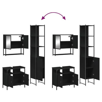  Set of multiple black bathroom storage pieces with mirrored cabinet and open shelf pieces arranged together.
