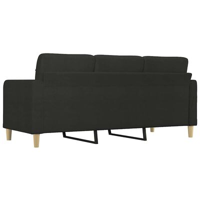 Back view of a black fabric sofa showing the cushions and legs.