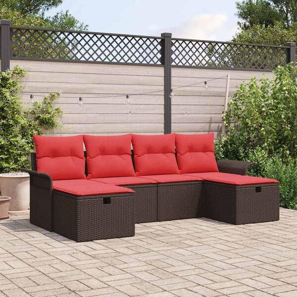 vidaXL Garden Sofa Set with Cushion 6 pcs Brown and Red Poly Rattan