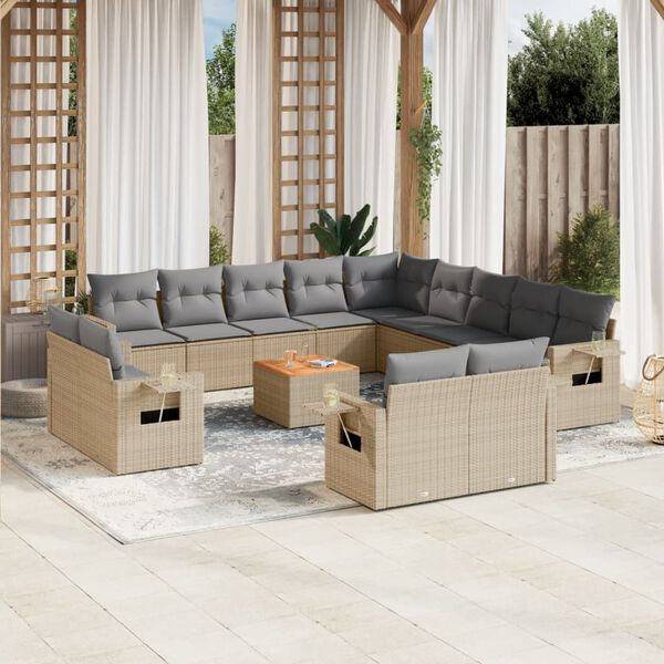 vidaXL Garden Sofa Set Beige Poly Rattan Large Adjustable Armrests