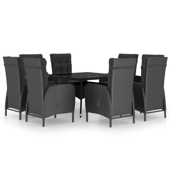vidaXL Garden Dining Set Black Poly rattan, steel, glass, fabric Large