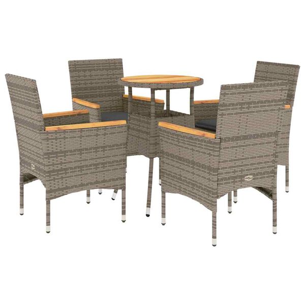 vidaXL 5 Piece Patio Dining Set with Cushions Grey Poly Rattan and Acacia