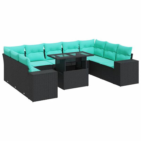 vidaXL 10 Piece Patio Sofa Set with Cushions Black Poly Rattan Acacia
