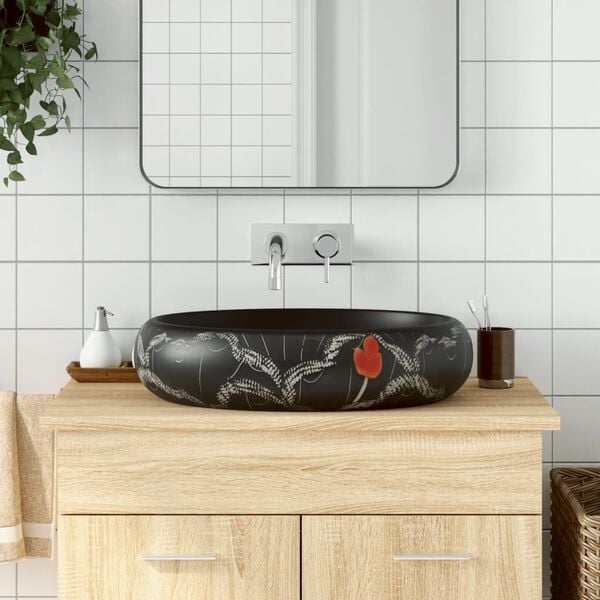 vidaXL Countertop Basin Black Oval 23.2x15.7x5.9" Ceramic