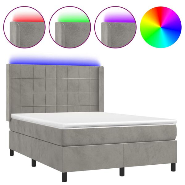 vidaXL Box Spring Bed with Mattress&LED Light Gray 53.9"x74.8" Full Velvet
