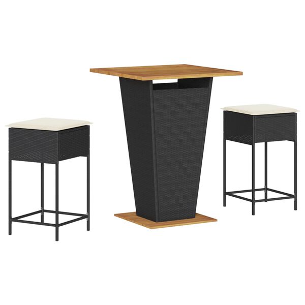 vidaXL 3 Piece Patio Bar Set with Cushions Black Poly Rattan