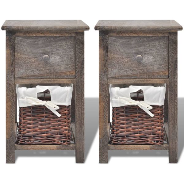 vidaXL Bedside Cabinet Set of 2 Brown Paulownia wood, Wicker Compact