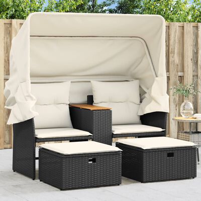 vidaXL Patio Sofa 2-Seater with Canopy and Stools Black Poly Rattan