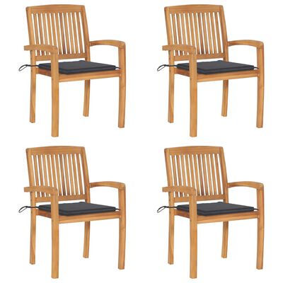 vidaXL Stacking Patio Chairs with Cushions 4 pcs Solid Teak Wood