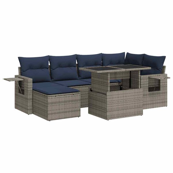 vidaXL 7 Piece Patio Sofa Set with Cushions Gray Poly Rattan Acacia