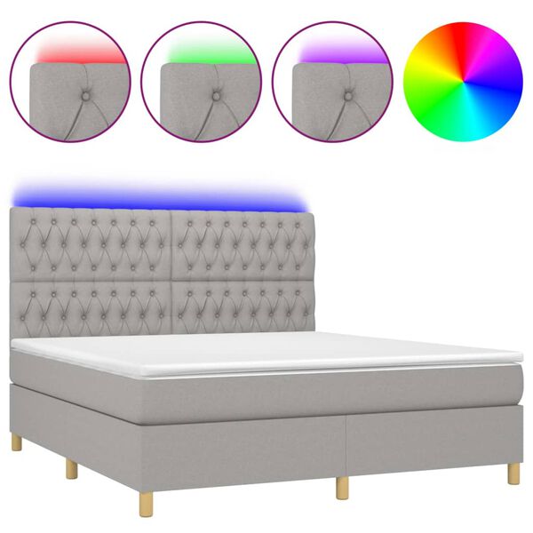 vidaXL Box Spring Bed with Mattress&LED Light Gray 72"x83.9" California King Fabric