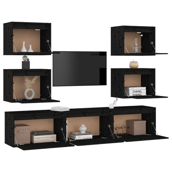 vidaXL TV Cabinet Set of 7 Black Solid Pine Wood Multiple Sizes