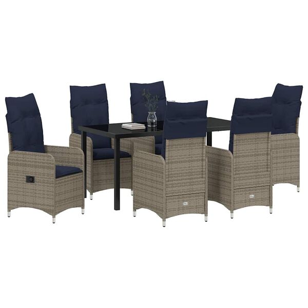 vidaXL Table and Chair Set with Cushion 7 pcs Grey PE Rattan