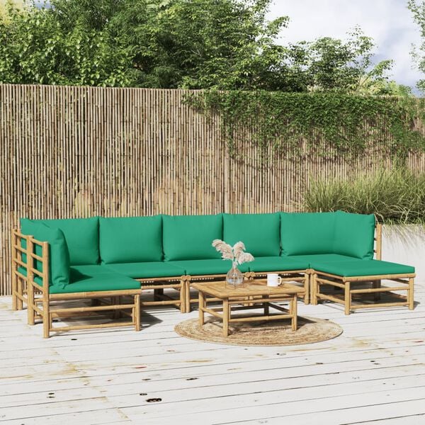 vidaXL Garden Lounge Set Natural Bamboo, Green Cushions