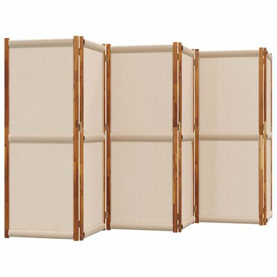 Three beige fabric panels with wooden frame sections forming a folding room divider