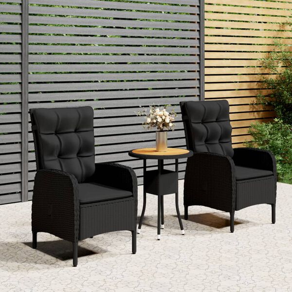 vidaXL Bistro Set Black Poly Rattan, Steel, Solid Acacia Wood Medium