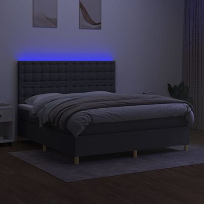 vidaXL Box Spring Bed with Mattress&LED Dark Gray Queen Fabric