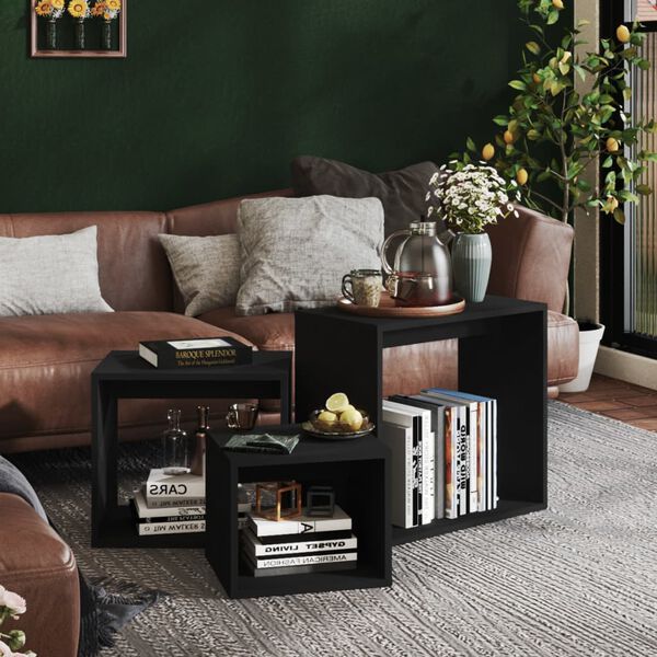 vidaXL Nesting Table Set of 3 Black Engineered wood Small Stackable
