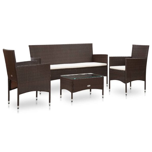 vidaXL Sofa Set Brown PE Rattan, Powder-Coated Steel, Glass 4 Piece