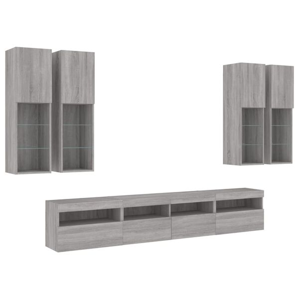 vidaXL 7 Piece TV Wall Stand Set with LED Lights Gray Sonoma