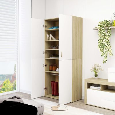 vidaXL Shoe Cabinet White and Sonoma Oak 31.5"x15.4"x70.1" Chipboard