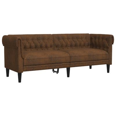 Brown tufted sofa with two-seat cushions and metal legs visible