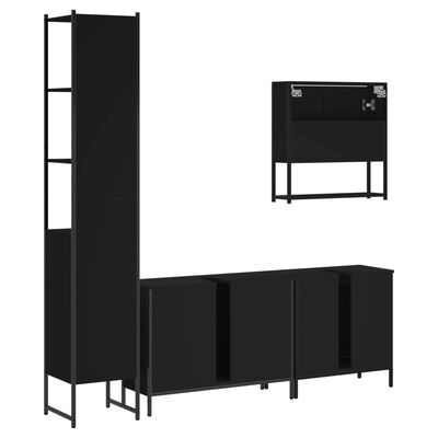 Large black bathroom storage unit along with a separate wall-mounted cabinet.
