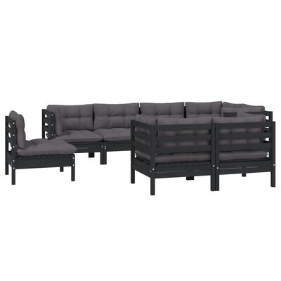 vidaXL 8 Piece Patio Lounge Set with Cushions Black Solid Pinewood