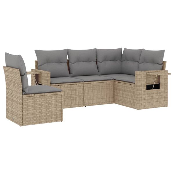 vidaXL Garden Sofa Set Beige PE rattan 5 Piece Set Adjustable Armrests