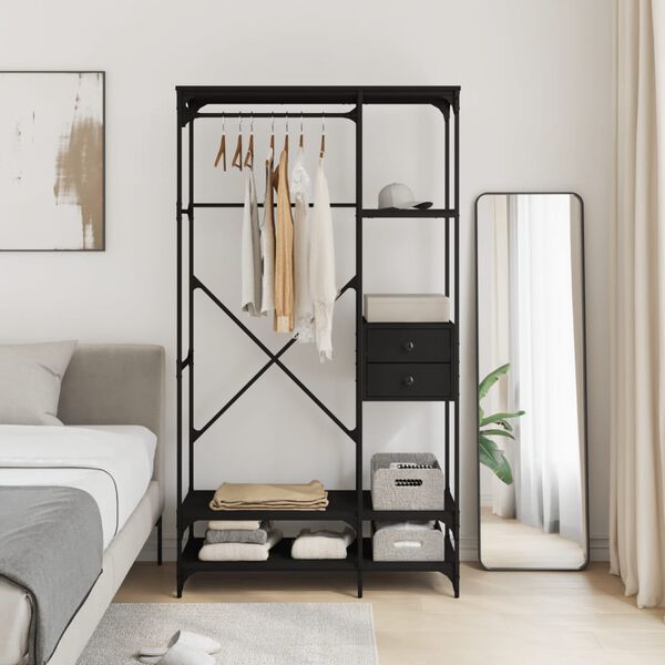 vidaXL Wardrobe Black Engineered wood, metal Large Adjustable Feet