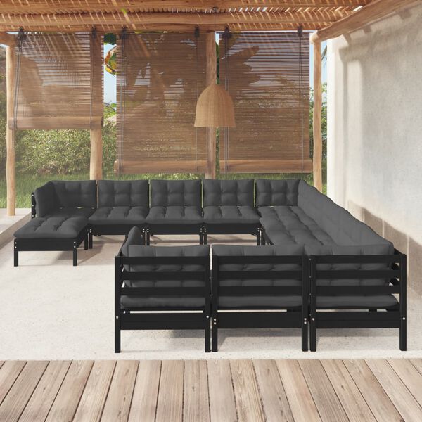 vidaXL Garden Lounge Set Black Solid pine wood, 100% polyester fabric